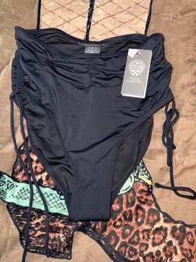 Vince Camuto Black High-Rise Ruched Swim Bottoms with Side Ties